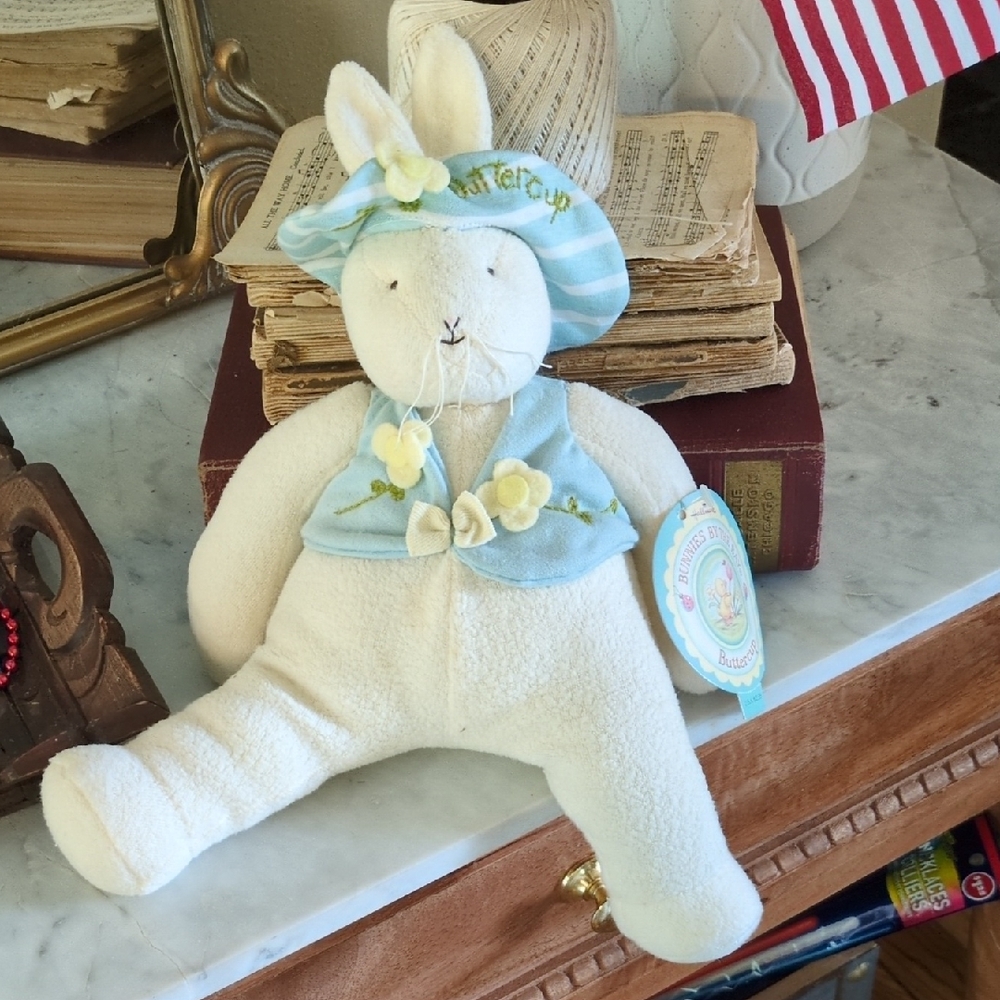Vintage Bunnies by the Bay Cream and Blue Plush Bunny